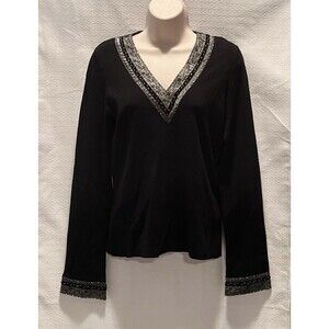 VTG Willi Smith Beaded 80s Bling V Neck Sweater Womens M Black Silver Sparkle